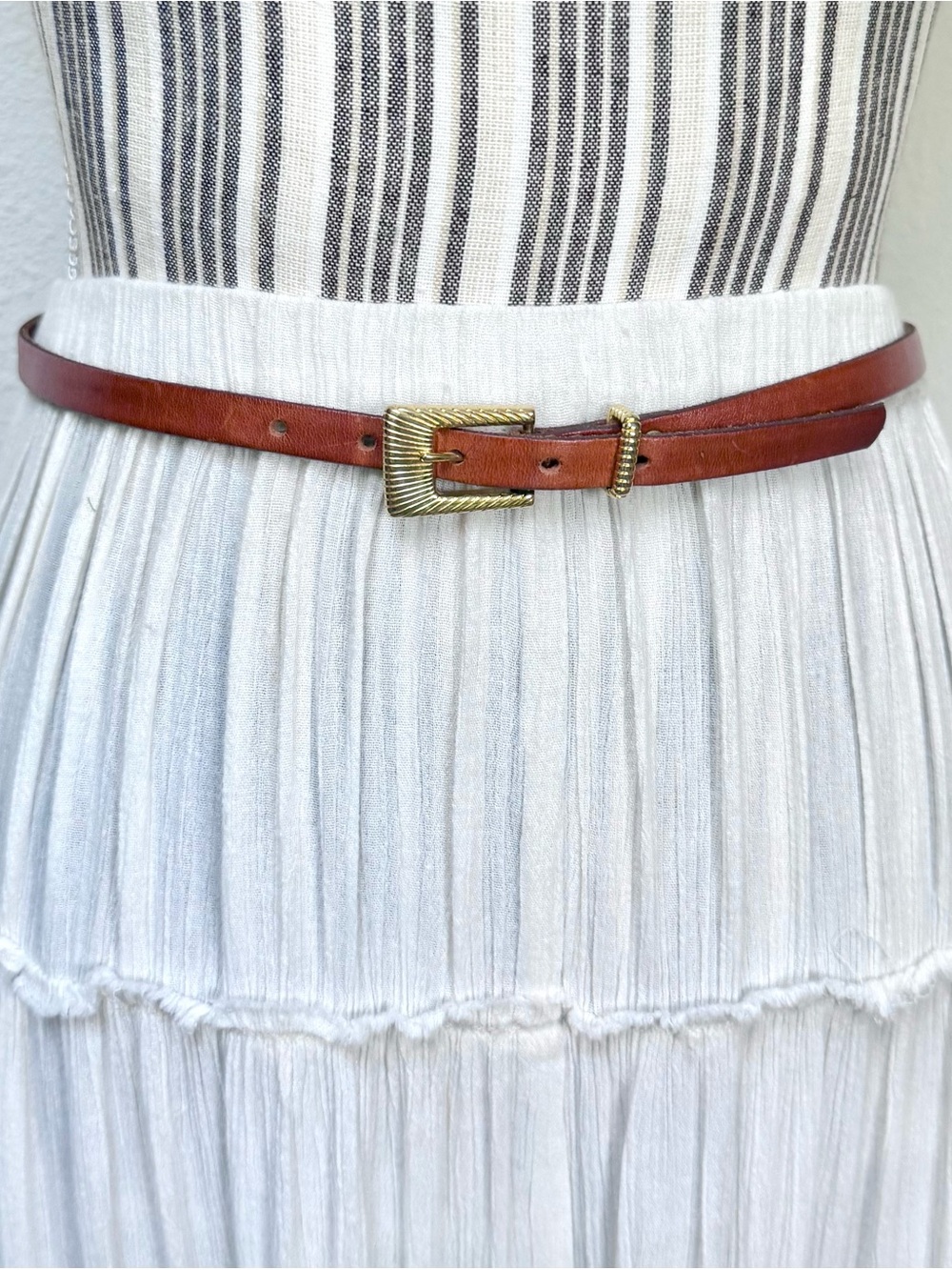 Vintage Genuine Cowhide Cognac Skinny Leather Belt Gold Hardware